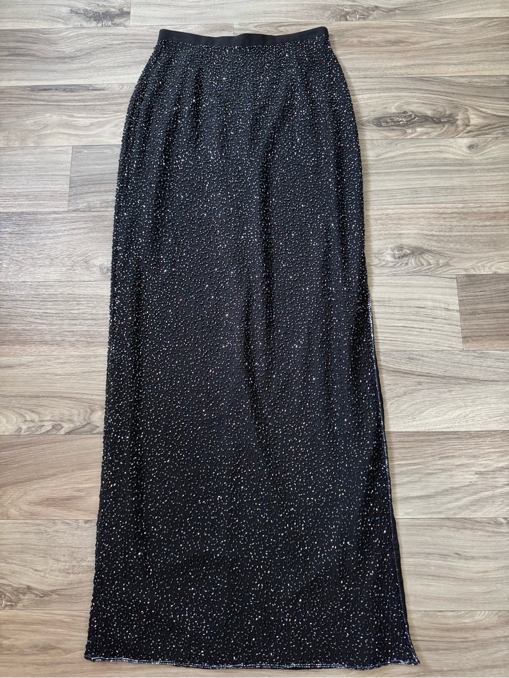 Vintage Caché Silk Beaded Maxi Skirt Side Slit Black Evening Sz 2 Whimsigoth
